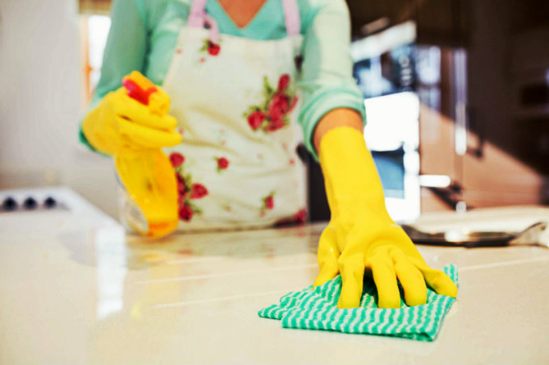 cropped image of beautiful woman wiping dirty counter top with cloth and holding spray bottle in hand