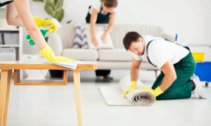 team of professionals wiping the living room