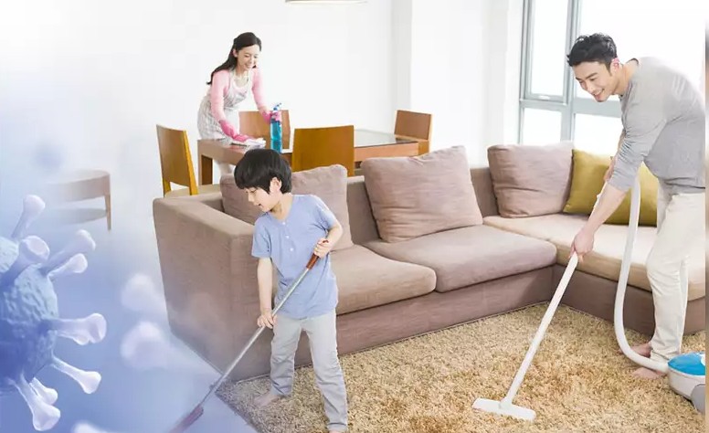 a family is making their house tidy
