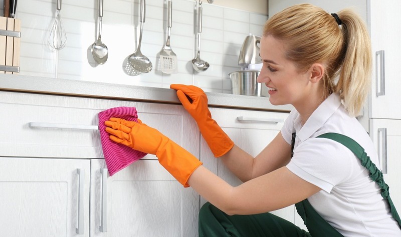a woman with professional costume wiping kitchen racks with a wipe