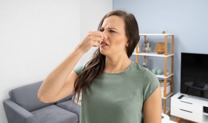 young woman covering her nose standing inside of her house