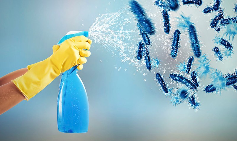cropped picture of a woman spraying solution on germs