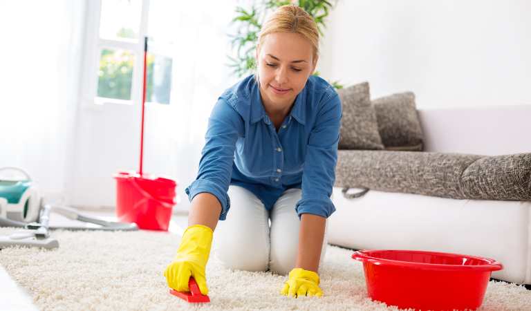 Woman in blue shirt, white pant and yellow gloves cleaning carpet with red brush.