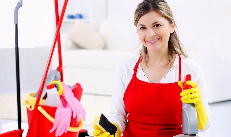a woman in red apron holding a spray bottle and a sponge in hands