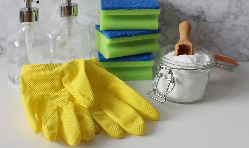 yellow globs, baking soda, sponge and vinegar