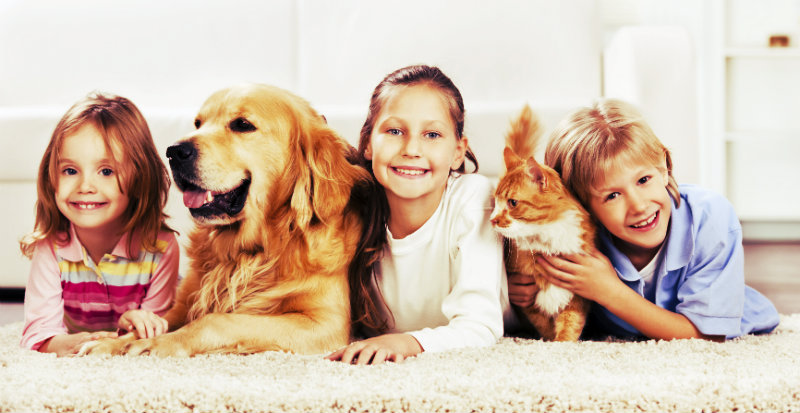 three children with cat and dog on carpet