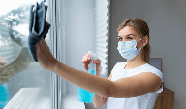 Woman in white top wearing a mask holding a bottle in her hand and cleaning window with a cloth.