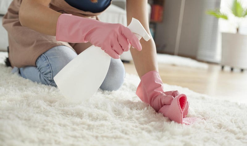 a young woman with pink gloves and spray bottle