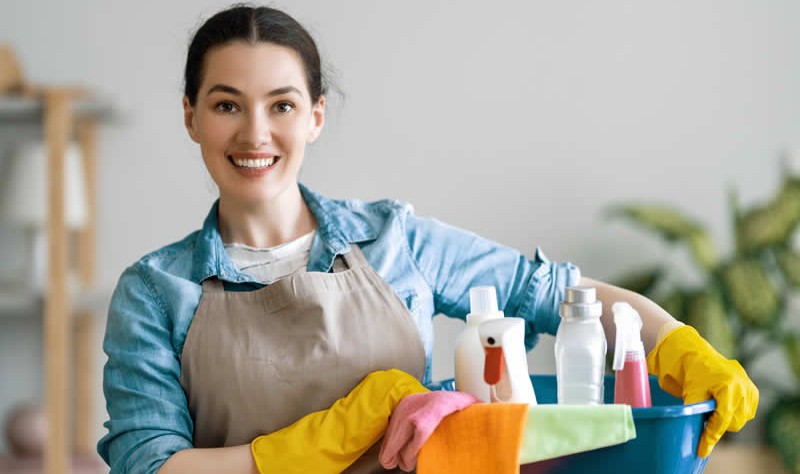 young woman holding a basket full of spray bottle and cloth rags