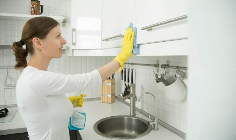 beautiful young woman holding a spray bottle and a wipe in a kitchen