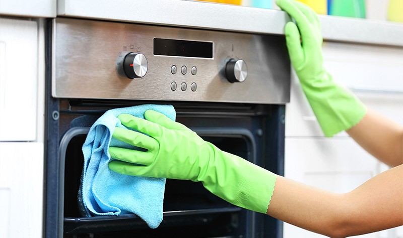 cropped picture of a woman disinfecting an oven