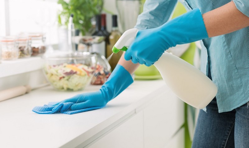 cropped picture of a woman holding a spray bottle and wiping a countertop