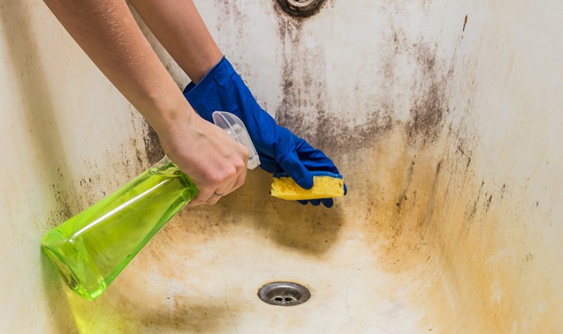 Cropped picture of a woman wiping a dirty bathtub