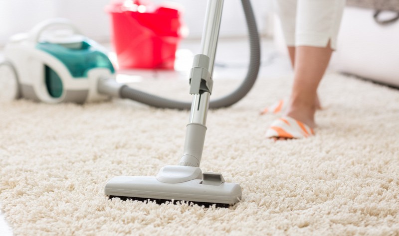 cropped image of a woman vacuuming a carpet