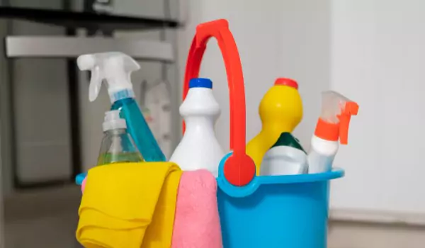 bucket full of cleaning supplies