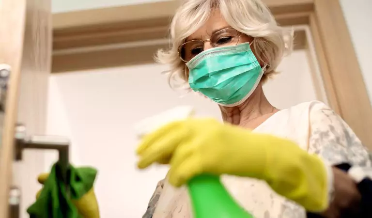 old age woman wearing a surgical mask disinfecting a door knob