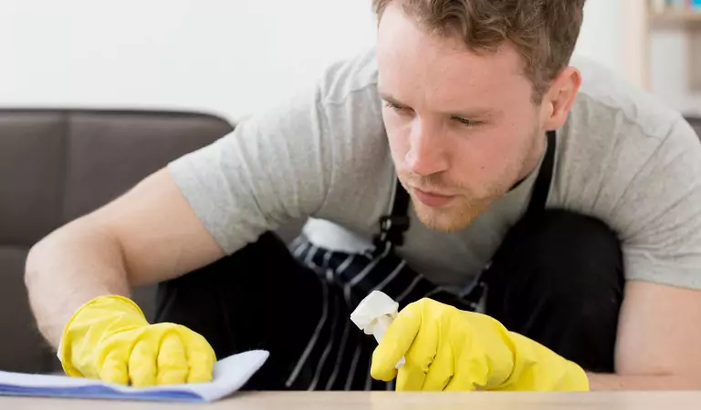 young man disinfecting a surface