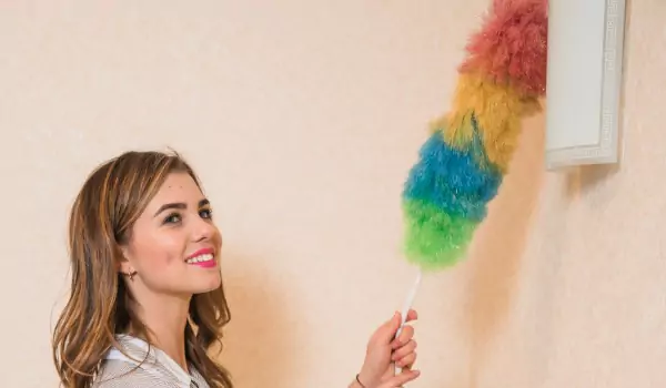 woman dusting a light fixure