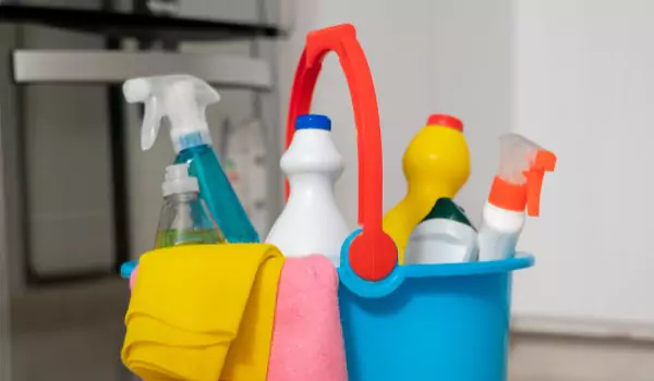 bucket full of cleaning supplies