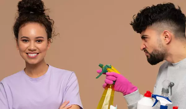 couple looking ready to clean their house