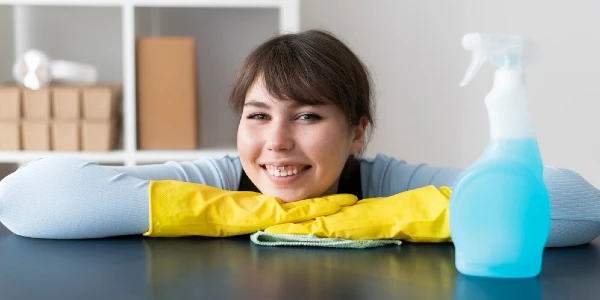 A professional lady cleaner in yellow gloves with a blue spray bottle.