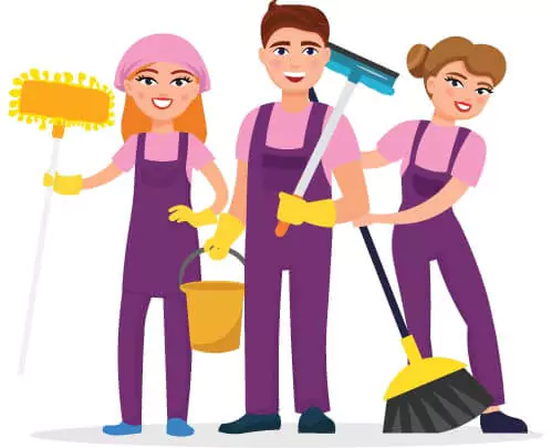 Three vacate cleaners holding a broom and a mop- End of Lease cleaning Melbourne FAQs