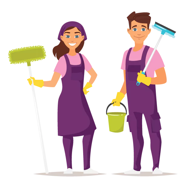two people standing with cleaning tools in hands