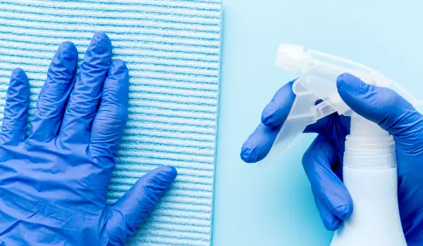 cleaning gloves and cleaning spray