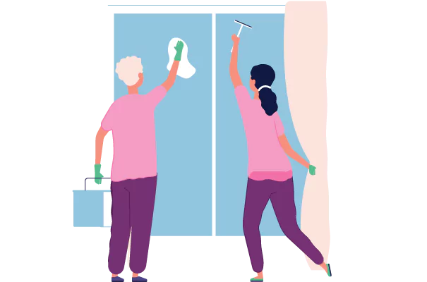 two professional cleaners washing windows