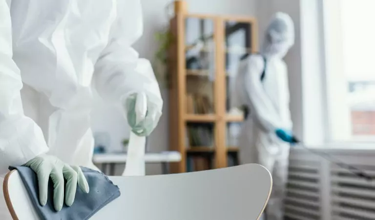 professionals wearing PPE kit cleaning a house