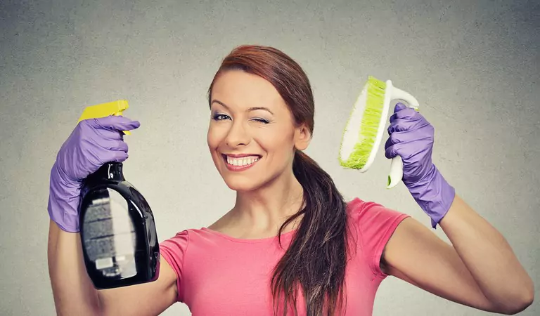 woman with cleaning spray and a brush
