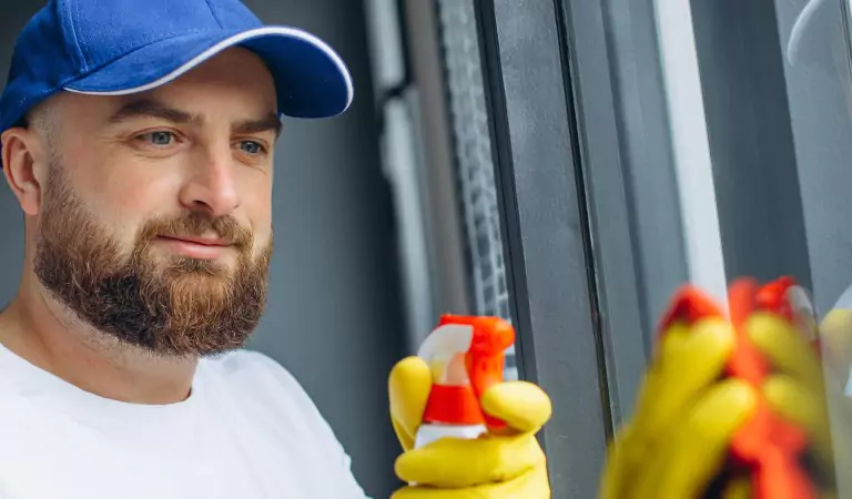 young man wearing a cap cleaning window glass